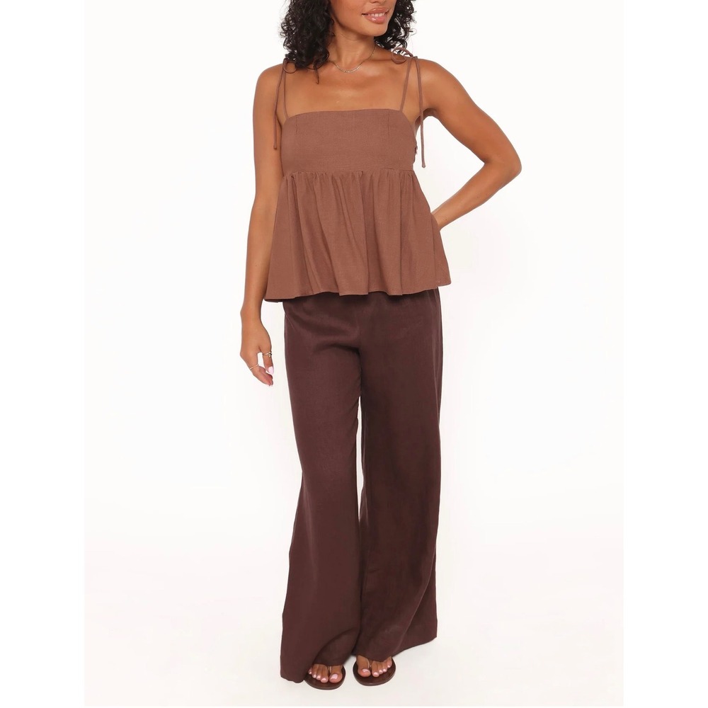 petal + pup Linen Zephyra Tie-Strap Babydoll Top Brown L Boho Cottagecore